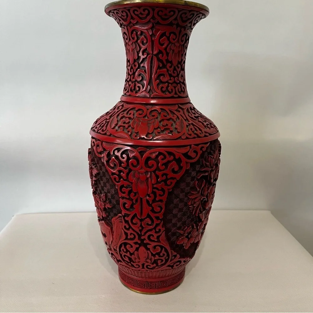 Vintage Red Cinnabar Vase Brass